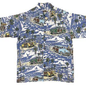 Art of Eddy Y by Reyn Spooner Surfer and Woody Print Short Sleeve Hawaiian Shirt